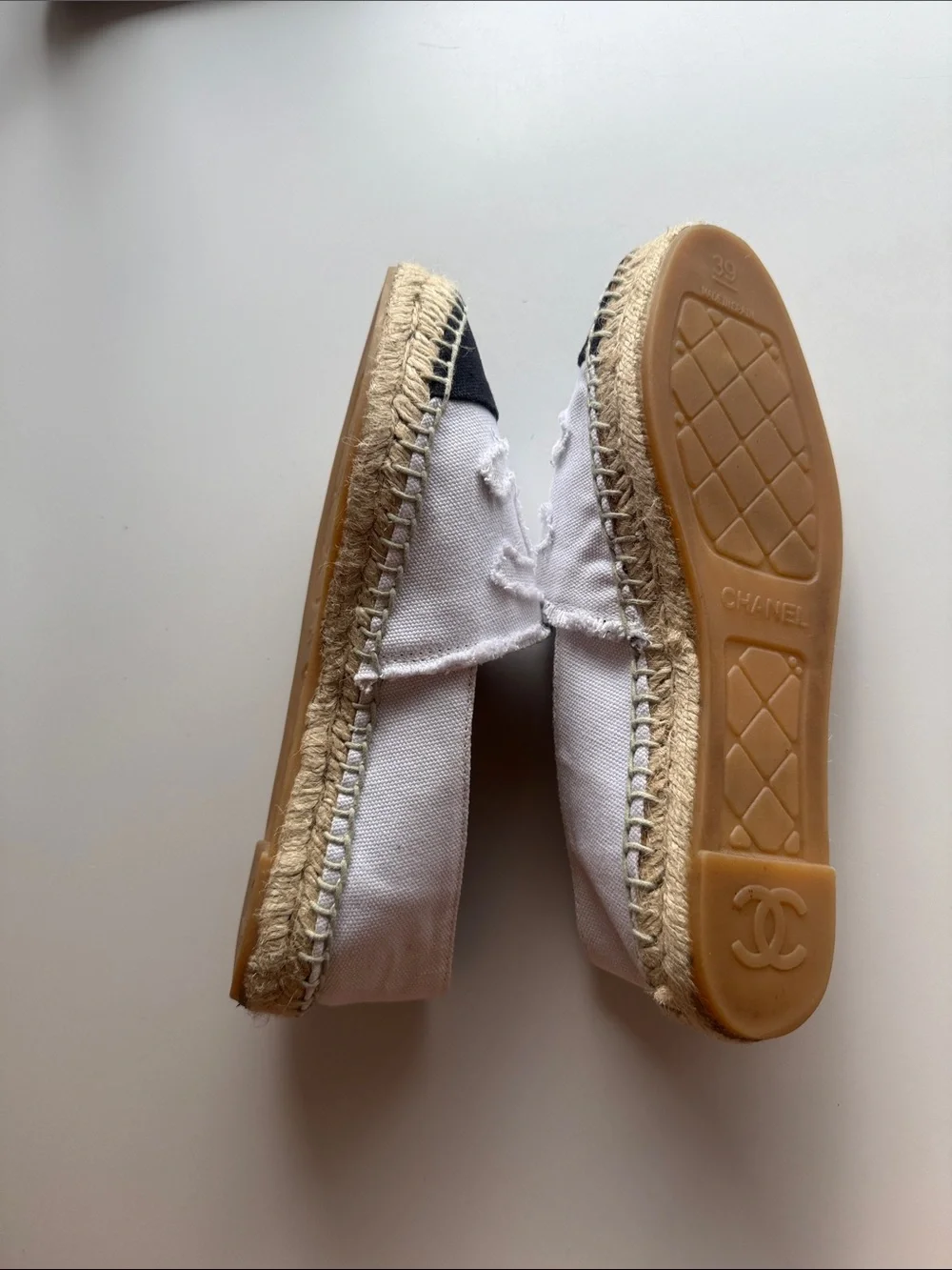 CHANEL White Canvas Espadrilles with Black Toe Cap